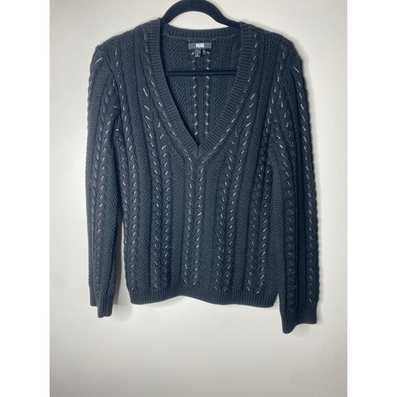 Paige Black Silver Metallic V-neck Cable Knit Dorthea Sweater Small Punkcore - Picture 2 of 8